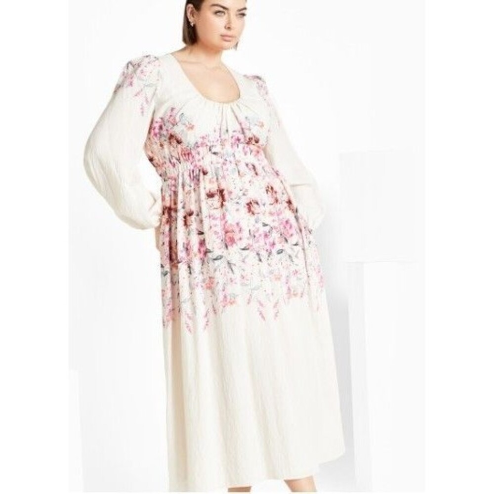 City Chic Keyla Ivory Floral Maxi Long Sleeve Scoop Neck Smocked Waist Dress 20